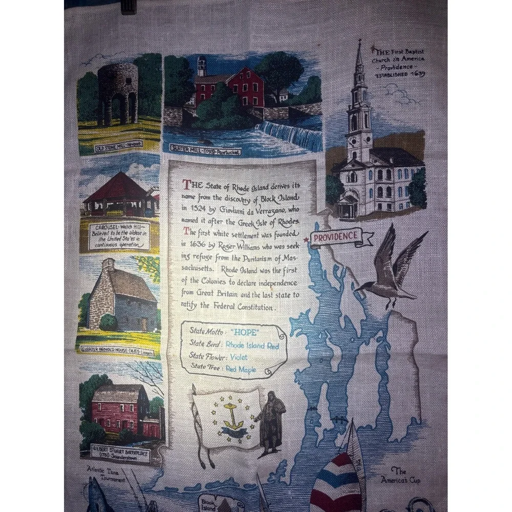 Vintage Rhode Island Souvenir Tea Towel Linen Map Historic Landmarks Nautical